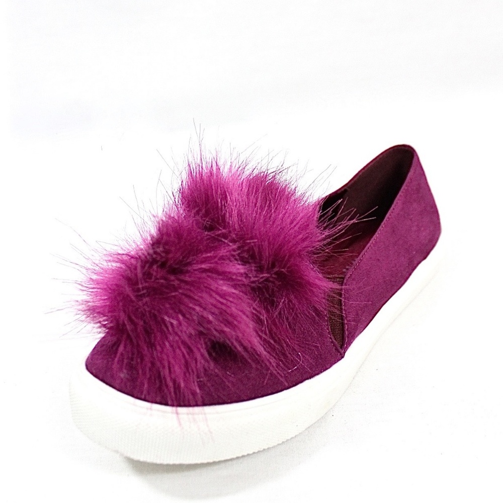 Slip On Faux Fur Ball Pom Pom Round Toe Sneakers - Picture 2 of 3